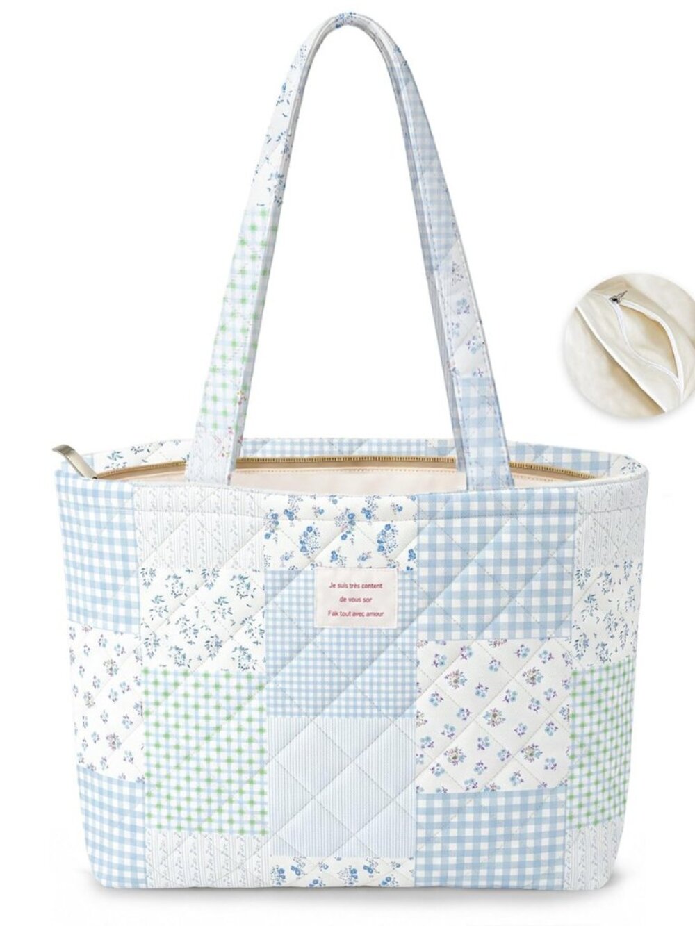 Small Quilted Tote Bag for Women, Bible Bag with 2 Pockets
